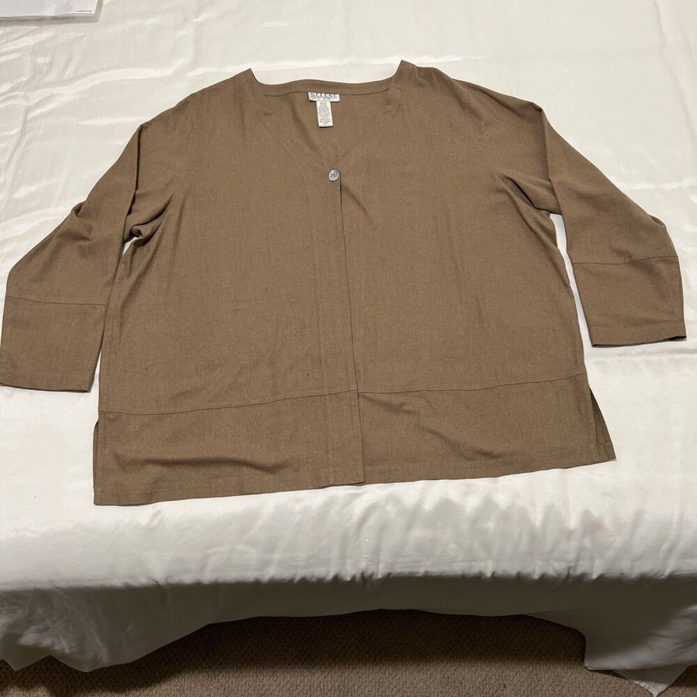 Vtg Women’s Slub Silk Tan Button Blazer Lagenlook Minimalist Relaxed Jacket 2-3X